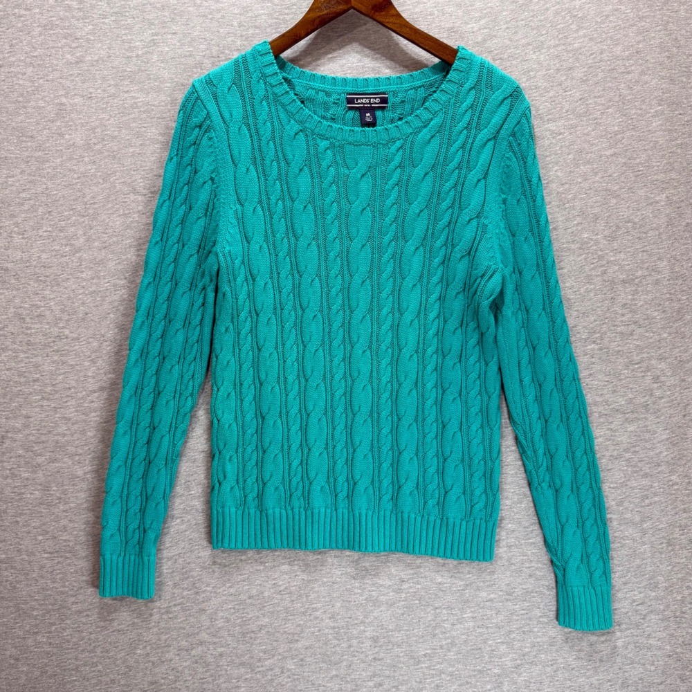 Lands End Cable Knit Sweater Womens Medium Teal Green Drifter Pullover Preppy